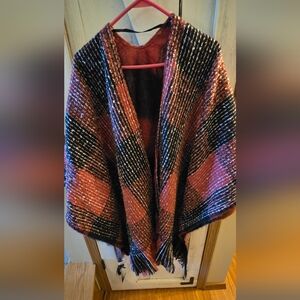 Plaid Reversible Ruana with Fringe OSFM